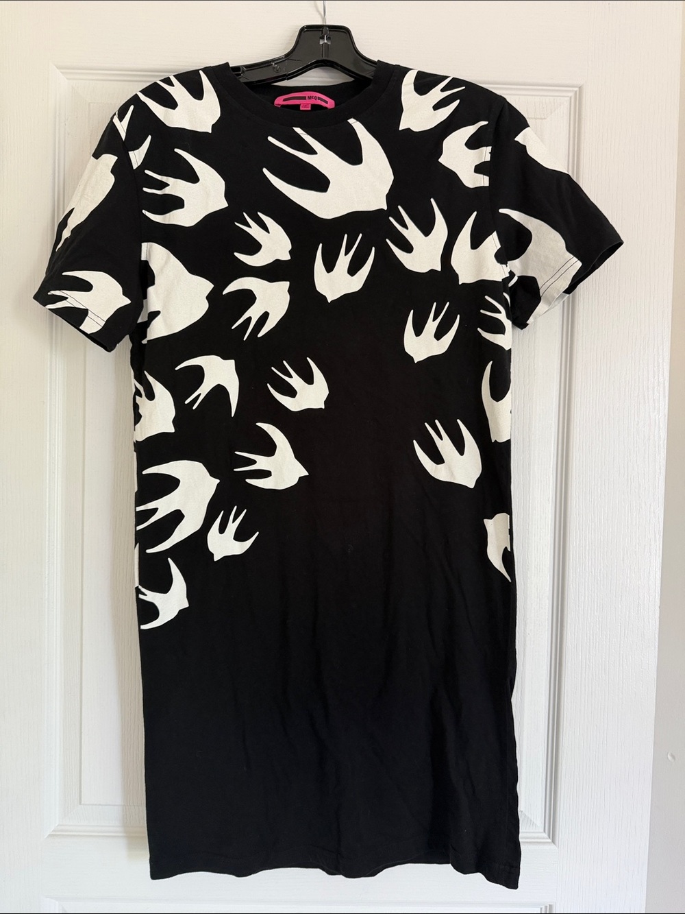McQ by Alexander McQueen Black and White Swallow Print Midi Dress